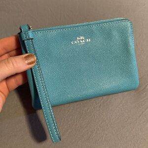 Coach Teal Blue Wristlet with Silver Logo
